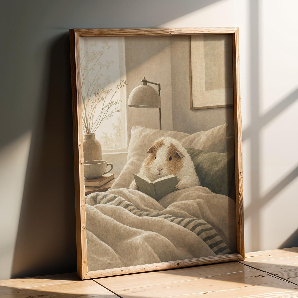Texel Guinea Pig Reading in Bed Poster | Modern Soft Gouache Guinea Pig Wall Art | Warm Beige Oat Milk Decor | Cozy Minimalist Bedroom Print