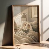 Texel Guinea Pig Reading in Bed Poster | Modern Soft Gouache Guinea Pig Wall Art | Warm Beige Oat Milk Decor | Cozy Minimalist Bedroom Print