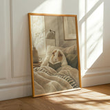 Texel Guinea Pig Reading in Bed Poster | Modern Soft Gouache Guinea Pig Wall Art | Warm Beige Oat Milk Decor | Cozy Minimalist Bedroom Print