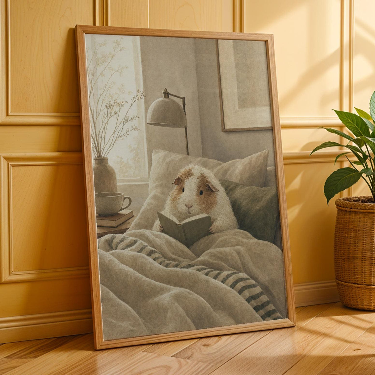 Texel Guinea Pig Reading in Bed Poster | Modern Soft Gouache Guinea Pig Wall Art | Warm Beige Oat Milk Decor | Cozy Minimalist Bedroom Print
