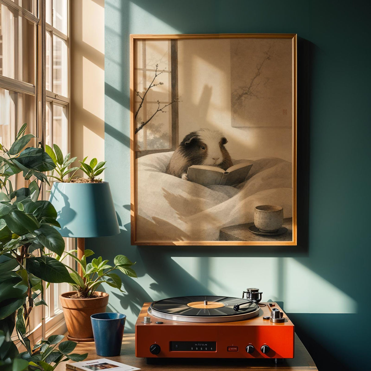 White Guinea Pig Reading in Bed Poster | Japanese Zen Ink Wash Guinea Pig Wall Art | Warm Ivory Neutral Decor | Minimalist Bedroom Print