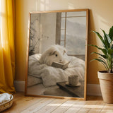 Silkie Guinea Pig Reading in Bed Poster | Japanese Zen Sumi-e Guinea Pig Wall Art | Warm Ivory Fog Gray Decor | Minimalist Bedroom Print