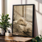 Silkie Guinea Pig Reading in Bed Poster | Japanese Zen Sumi-e Guinea Pig Wall Art | Warm Ivory Fog Gray Decor | Minimalist Bedroom Print