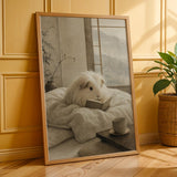 Silkie Guinea Pig Reading in Bed Poster | Japanese Zen Sumi-e Guinea Pig Wall Art | Warm Ivory Fog Gray Decor | Minimalist Bedroom Print