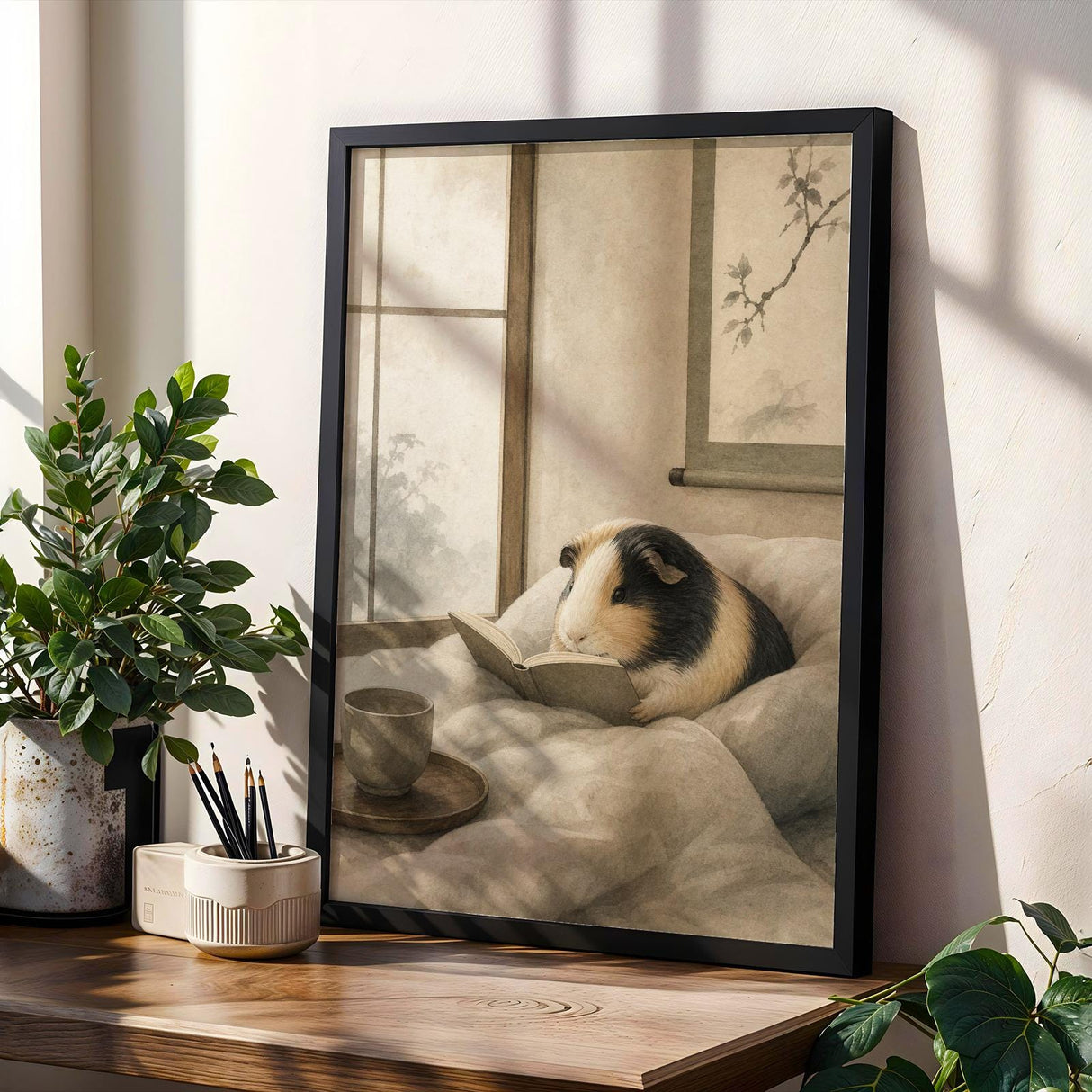 Satin Guinea Pig Reading in Bed Poster | Japanese Zen Ink Wash Guinea Pig Wall Art | Warm Ivory Fog Gray Decor | Living Room Print