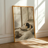 Satin Guinea Pig Reading in Bed Poster | Japanese Zen Ink Wash Guinea Pig Wall Art | Warm Ivory Fog Gray Decor | Living Room Print