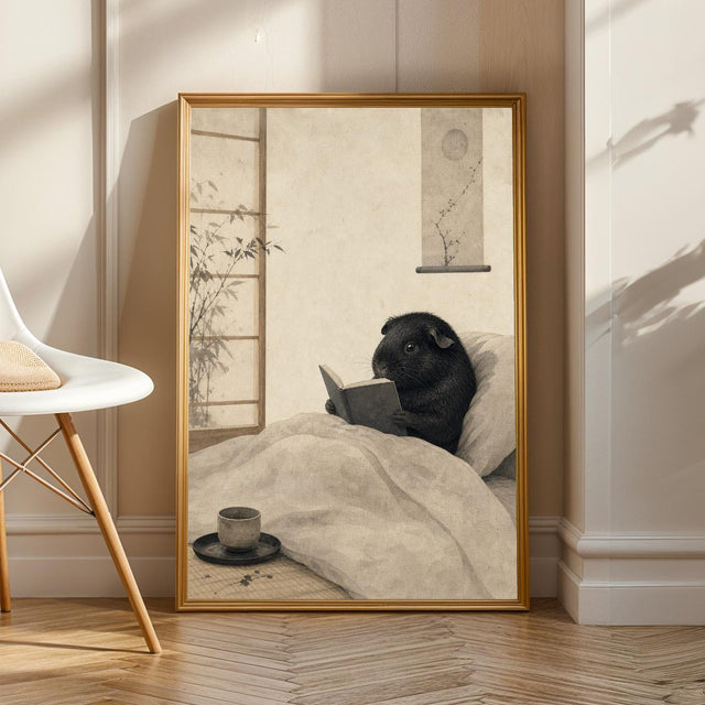 Black Guinea Pig Reading in Bed Poster | Japanese Zen Sumi-e Guinea Pig Wall Art | Warm Ivory Fog Gray Decor | Minimalist Bedroom Print