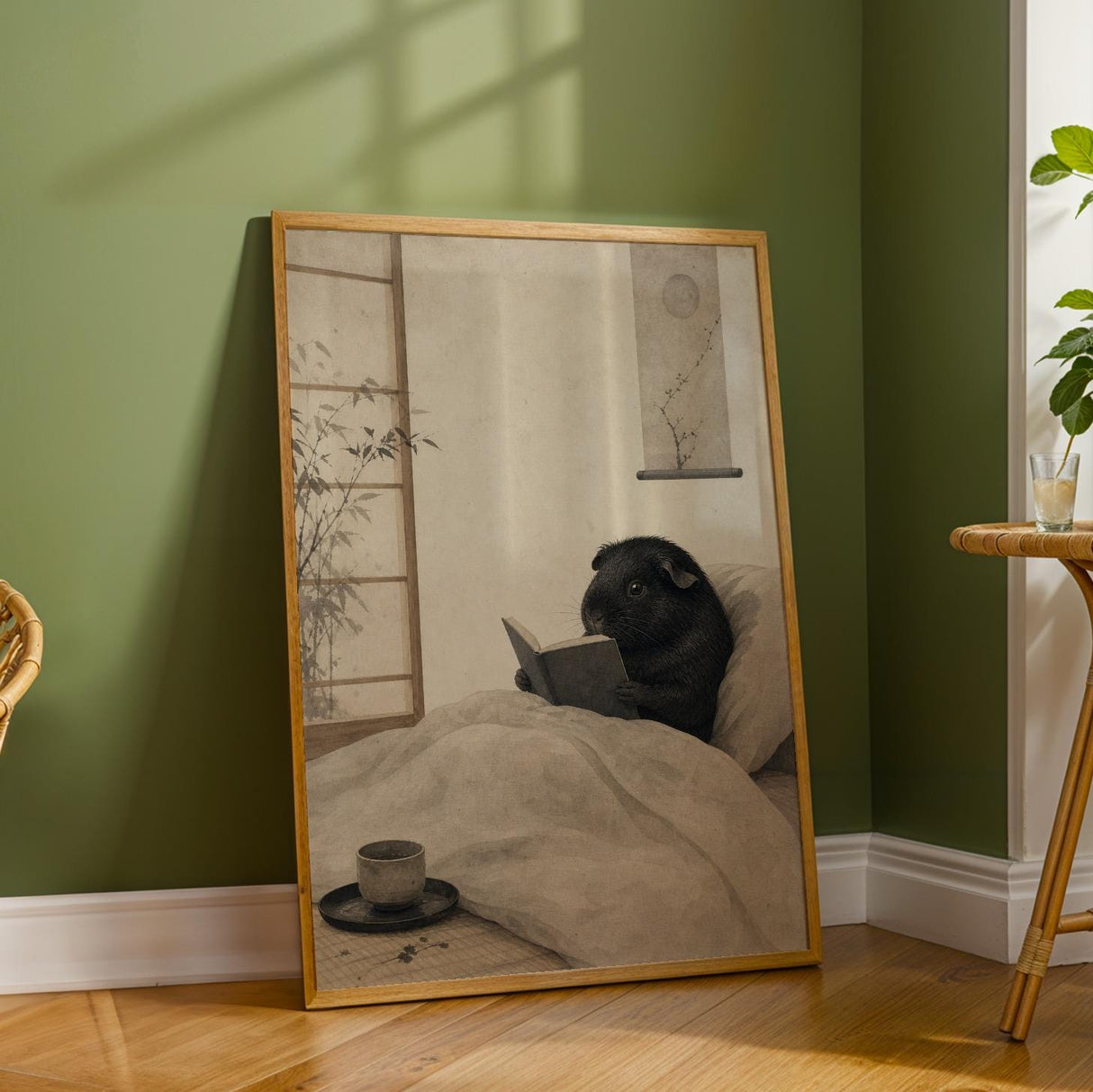Black Guinea Pig Reading in Bed Poster | Japanese Zen Sumi-e Guinea Pig Wall Art | Warm Ivory Fog Gray Decor | Minimalist Bedroom Print