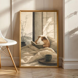 Coronet Guinea Pig Reading in Bed Poster | Japanese Zen Sumi-e Guinea Pig Wall Art | Warm Ivory Fog Gray Decor | Minimalist Bedroom Print