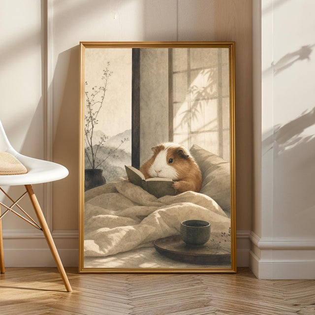 Coronet Guinea Pig Reading in Bed Poster | Japanese Zen Sumi-e Guinea Pig Wall Art | Warm Ivory Fog Gray Decor | Minimalist Bedroom Print
