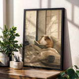 Coronet Guinea Pig Reading in Bed Poster | Japanese Zen Sumi-e Guinea Pig Wall Art | Warm Ivory Fog Gray Decor | Minimalist Bedroom Print
