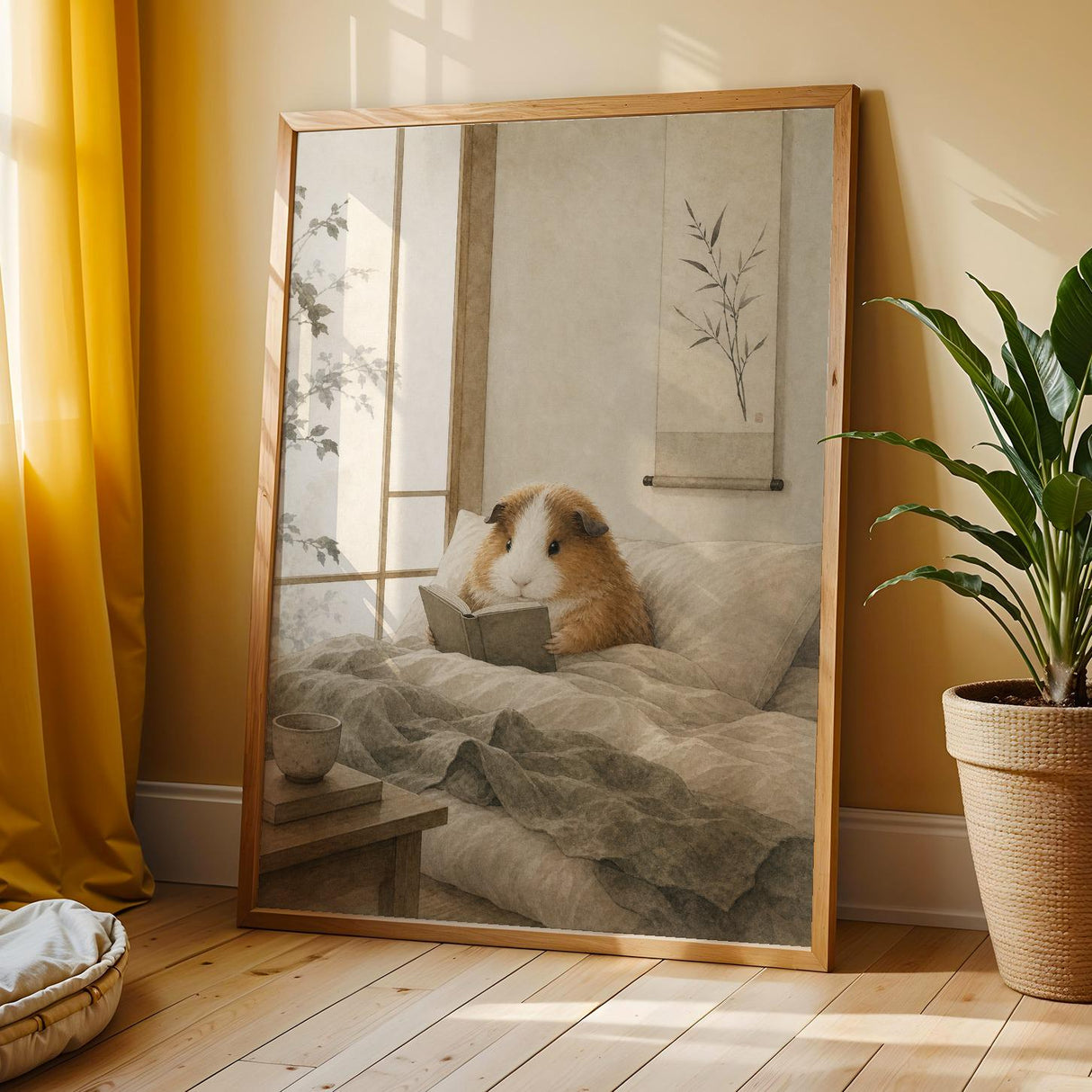 Teddy Guinea Pig Reading in Bed Poster | Japanese Zen Sumi-e Guinea Pig Wall Art | Warm Ivory Fog Gray Decor | Minimalist Bedroom Print
