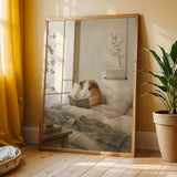 Teddy Guinea Pig Reading in Bed Poster | Japanese Zen Sumi-e Guinea Pig Wall Art | Warm Ivory Fog Gray Decor | Minimalist Bedroom Print