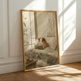 Teddy Guinea Pig Reading in Bed Poster | Japanese Zen Sumi-e Guinea Pig Wall Art | Warm Ivory Fog Gray Decor | Minimalist Bedroom Print