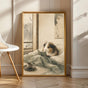 Sheltie Guinea Pig Reading in Bed Poster | Japanese Zen Ink Wash Guinea Pig Wall Art | Warm Ivory Fog Gray Decor | Living Room Print