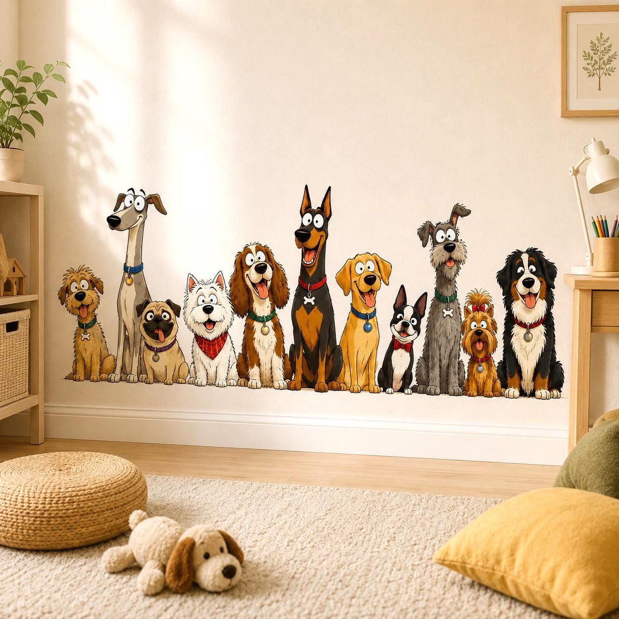 Funny Dog Group Wall Vinyl Decal | Cartoon Puppy Pack Sticker | Pet Lover Wall Art | Kids Room Playroom Decor | Dog Breeds Illustration