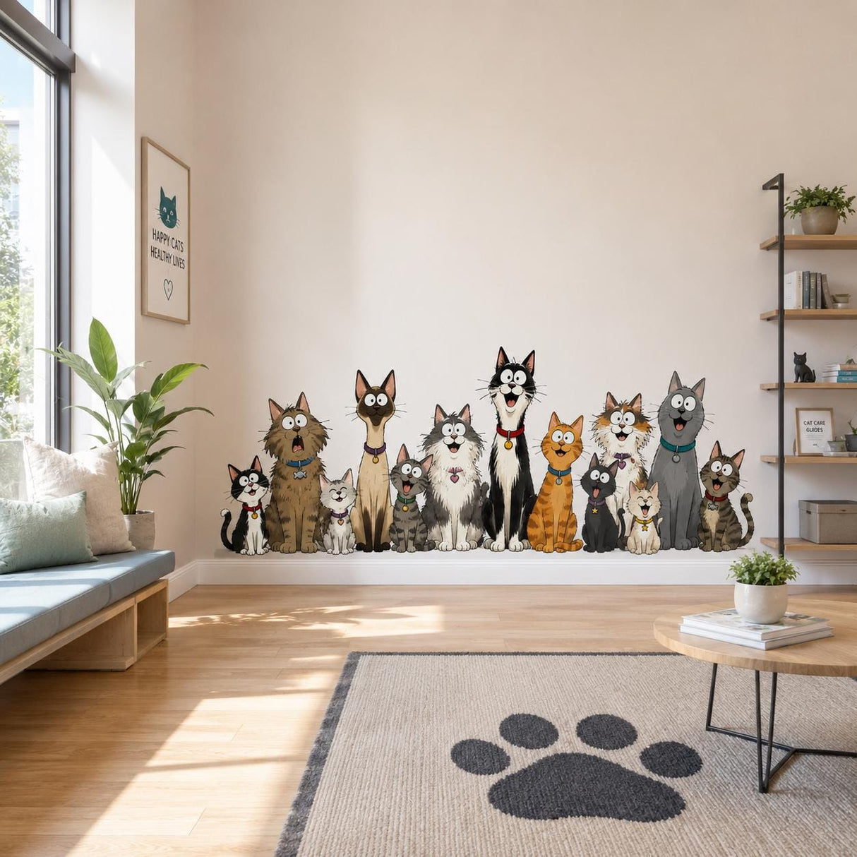 Funny Cat Group Wall Vinyl Decal | Cartoon Kittens Lineup Sticker | Pet Lover Wall Art | Kids Room Playroom Decor | Cute Cat Breeds