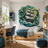 Kraken Pirate Ship Wall Vinyl Decal | Octopus Sea Monster Sticker | Nautical Ocean Wall Art | Sailing Adventure Decor | 3D Wave Design