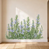 Watercolor wall vinyl decal of a rosemary herb border with slender green needle leaves and small light purple-blue flowers arranged in a long cluster.