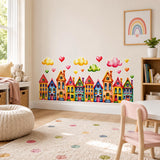Colorful Watercolor Houses Wall Vinyl Decal | Rainbow Town Street Sticker | Cute Clouds Hearts Wall Art | Nursery Kids Room Playroom Decor