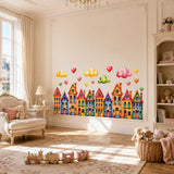 Colorful Watercolor Houses Wall Vinyl Decal | Rainbow Town Street Sticker | Cute Clouds Hearts Wall Art | Nursery Kids Room Playroom Decor