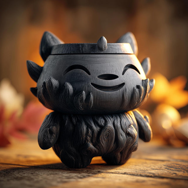 3D printed goblincore creature memorial urn with removable lid displayed on a rustic wooden surface with warm autumn lighting.