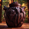 3D printed goblincore woodland memorial urn with tree bark texture, branch details, and removable lid displayed on a rustic wooden table.