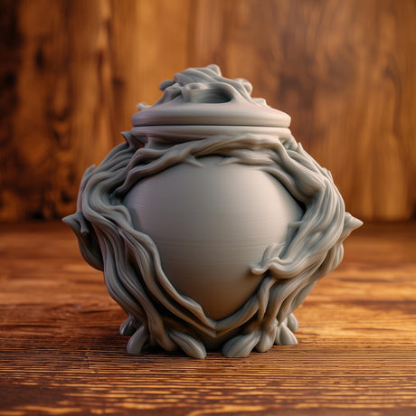 3D printed goblincore woodland memorial urn with sculpted twisting roots, organic forest details, and removable lid on a wooden table.