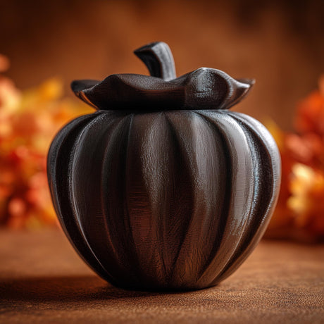 3D printed goblincore pumpkin memorial urn with removable lid displayed on an autumn-themed shelf surrounded by warm seasonal decor.