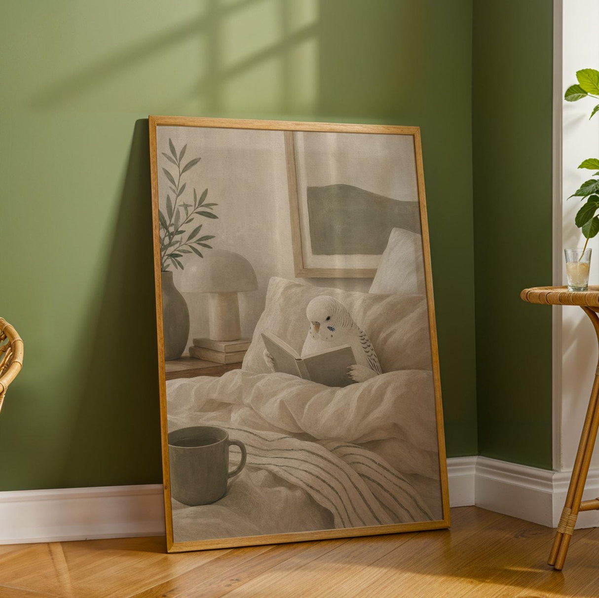 White Budgerigar Reading in Bed Poster | Modern Matte Gouache Bird Wall Art | Warm Beige Oat Milk Decor | Cozy Minimalist Bedroom Print