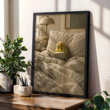Yellowface Budgerigar Reading in Bed Poster | Modern Gouache Bird Wall Art | Warm Neutral Bedroom Decor | Cozy Minimalist Nook Print