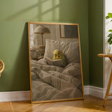 Yellowface Budgerigar Reading in Bed Poster | Modern Gouache Bird Wall Art | Warm Neutral Bedroom Decor | Cozy Minimalist Nook Print