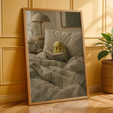 Yellowface Budgerigar Reading in Bed Poster | Modern Gouache Bird Wall Art | Warm Neutral Bedroom Decor | Cozy Minimalist Nook Print