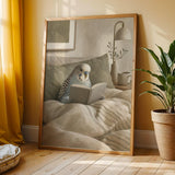 English Budgerigar Reading in Bed Poster | Modern Gouache Bird Wall Art | Warm Beige Oat Milk Decor | Cozy Minimalist Bedroom Print
