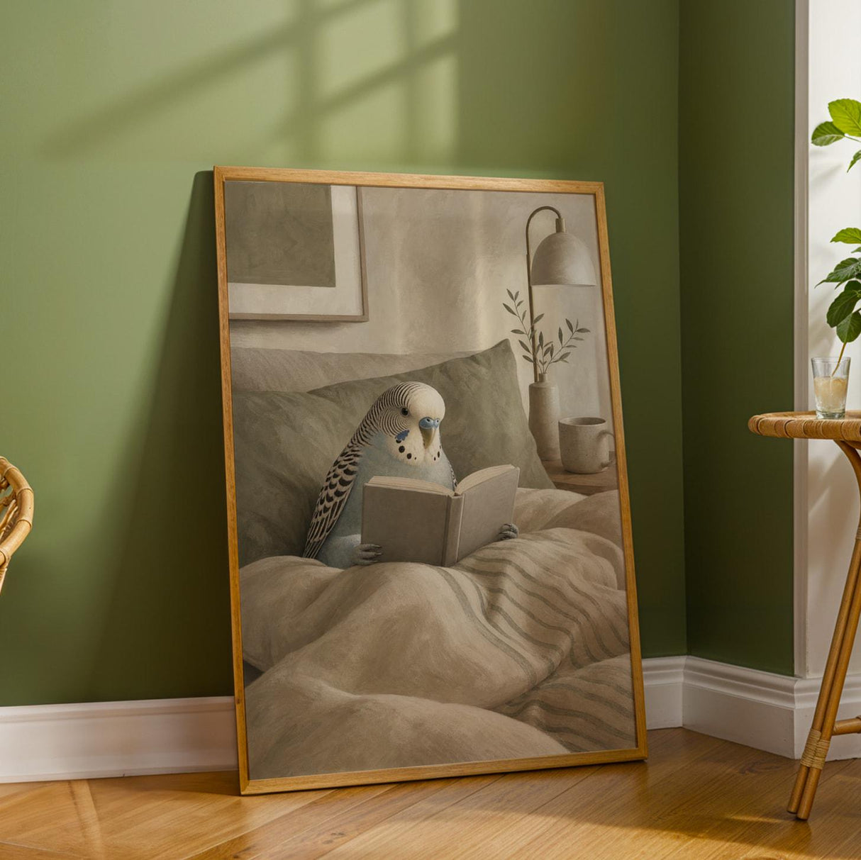 English Budgerigar Reading in Bed Poster | Modern Gouache Bird Wall Art | Warm Beige Oat Milk Decor | Cozy Minimalist Bedroom Print