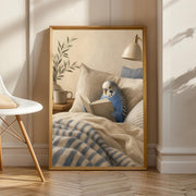Cobalt Blue Budgerigar Reading in Bed in a modern gouache poster illustration