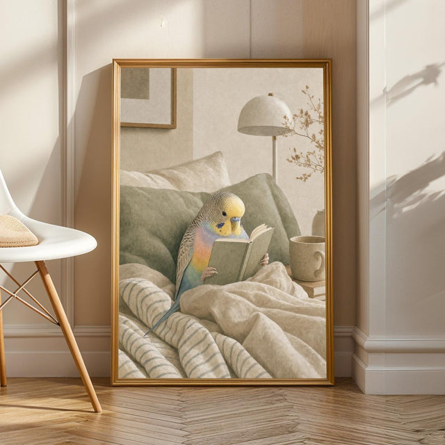 Rainbow Budgerigar Reading in Bed Poster | Modern Gouache Bird Wall Art | Warm Beige Dusty Sage Decor | Cozy Minimalist Bedroom Print