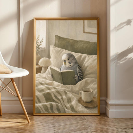 Grey Budgerigar Reading in Bed Poster | Modern Soft Gouache Bird Wall Art | Warm Beige Dusty Sage Decor | Cozy Minimalist Bedroom Print