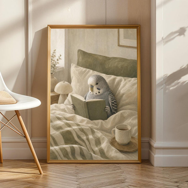 Grey Budgerigar Reading in Bed Poster | Modern Soft Gouache Bird Wall Art | Warm Beige Dusty Sage Decor | Cozy Minimalist Bedroom Print