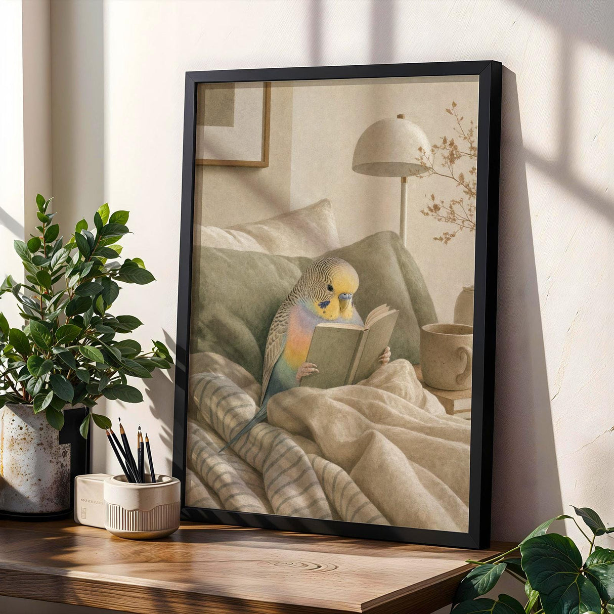 Rainbow Budgerigar Reading in Bed Poster | Modern Gouache Bird Wall Art | Warm Beige Dusty Sage Decor | Cozy Minimalist Bedroom Print