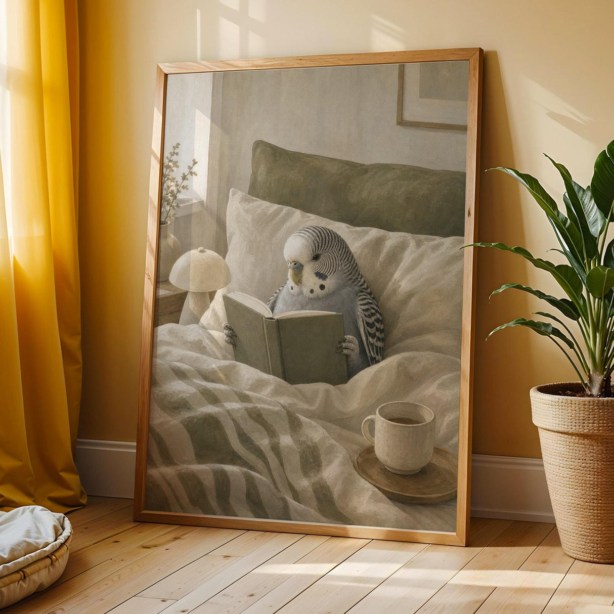 Grey Budgerigar Reading in Bed Poster | Modern Soft Gouache Bird Wall Art | Warm Beige Dusty Sage Decor | Cozy Minimalist Bedroom Print