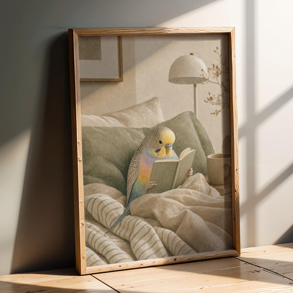 Rainbow Budgerigar Reading in Bed Poster | Modern Gouache Bird Wall Art | Warm Beige Dusty Sage Decor | Cozy Minimalist Bedroom Print