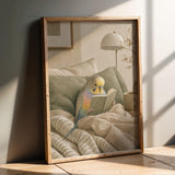 Rainbow Budgerigar Reading in Bed Poster | Modern Gouache Bird Wall Art | Warm Beige Dusty Sage Decor | Cozy Minimalist Bedroom Print