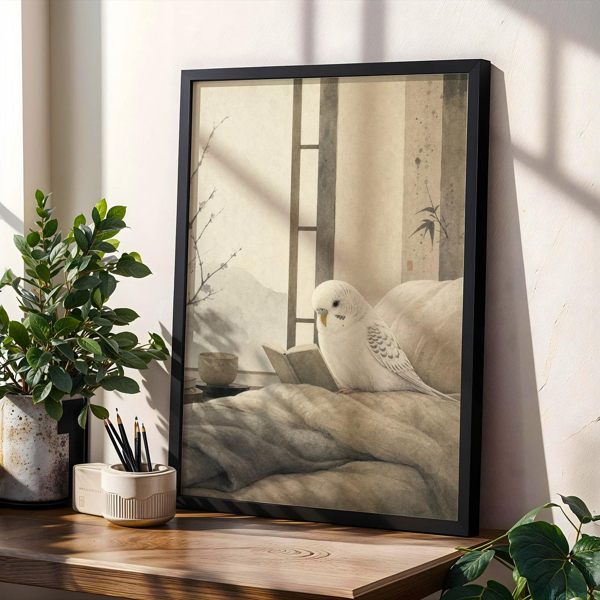 White Budgerigar Reading in Bed Poster | Japanese Zen Sumi-e Bird Wall Art | Warm Ivory Fog Gray Decor | Minimalist Bedroom Print