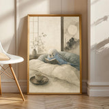 Sky Blue Budgerigar Reading in Bed Poster | Japanese Zen Ink Wash Bird Wall Art | Teal Warm Ivory Decor | Minimalist Bedroom Print