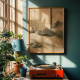 Sky Blue Budgerigar Reading in Bed Poster | Japanese Zen Ink Wash Bird Wall Art | Teal Warm Ivory Decor | Minimalist Bedroom Print