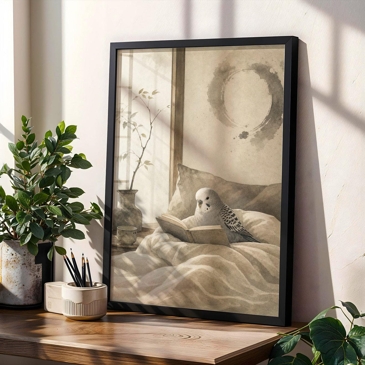 Budgerigar Reading in Bed Poster | Japanese Zen Ink Wash Bird Wall Art | Warm Ivory Fog Gray Decor | Minimalist Bedroom Print