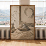 Budgerigar Reading in Bed Poster | Japanese Zen Ink Wash Bird Wall Art | Warm Ivory Fog Gray Decor | Minimalist Bedroom Print