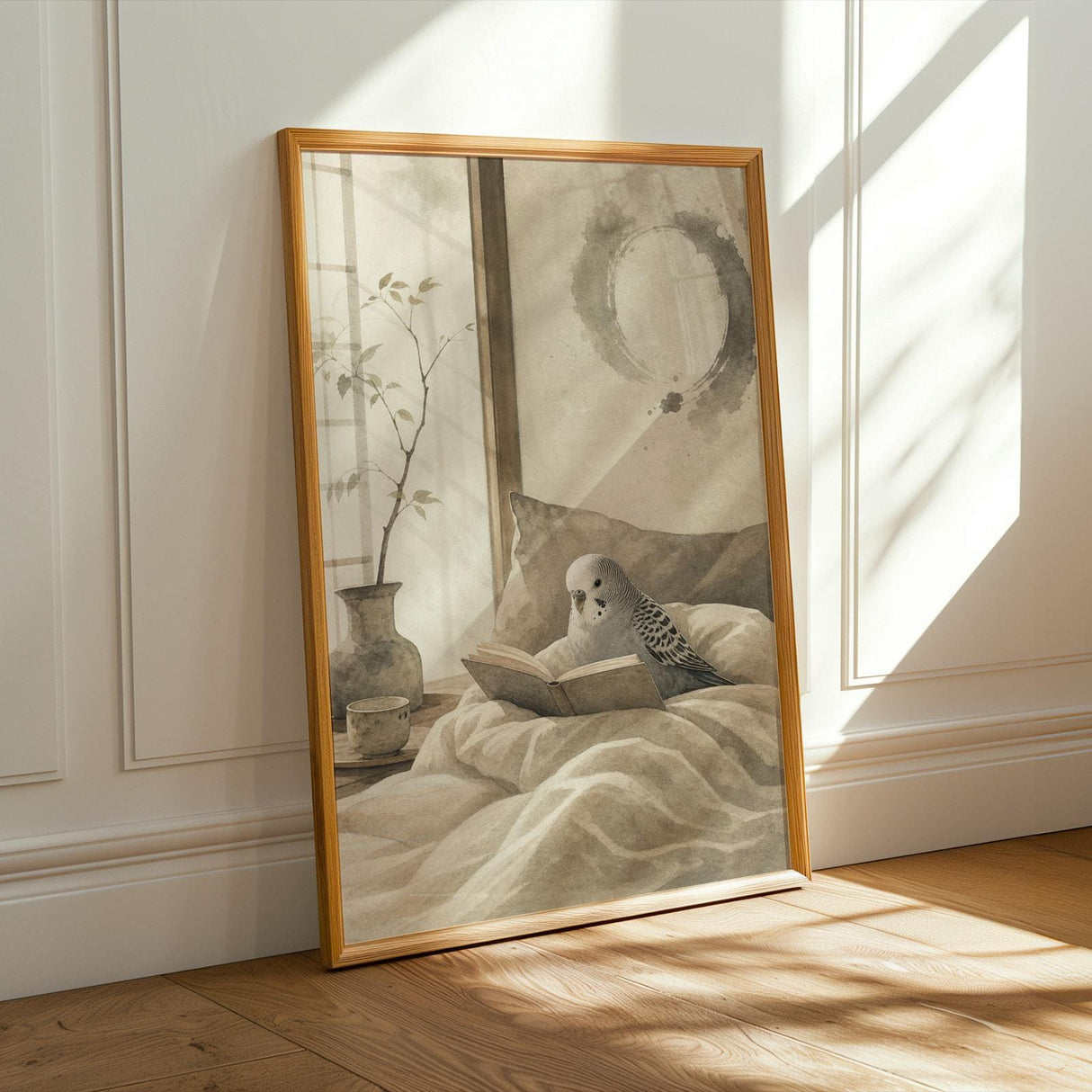Budgerigar Reading in Bed Poster | Japanese Zen Ink Wash Bird Wall Art | Warm Ivory Fog Gray Decor | Minimalist Bedroom Print