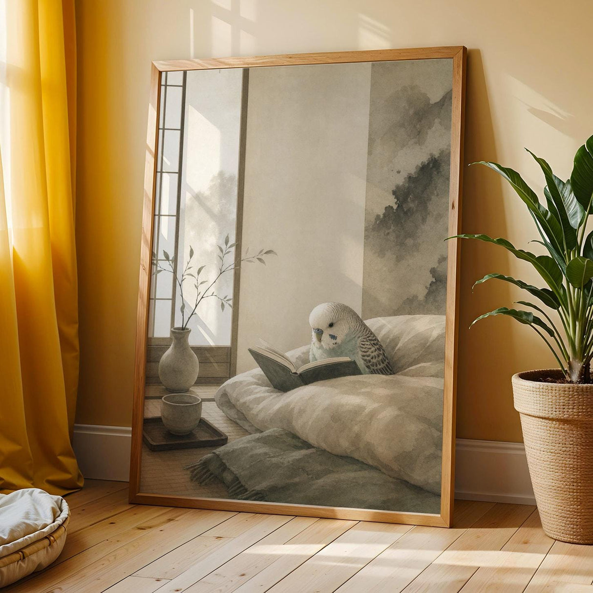 English Budgerigar Reading in Bed Poster | Japanese Zen Ink Wash Bird Wall Art | Warm Ivory Fog Gray Decor | Minimalist Bedroom Print